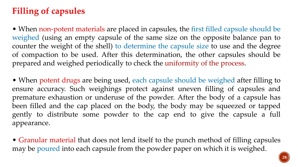 filling of capsules