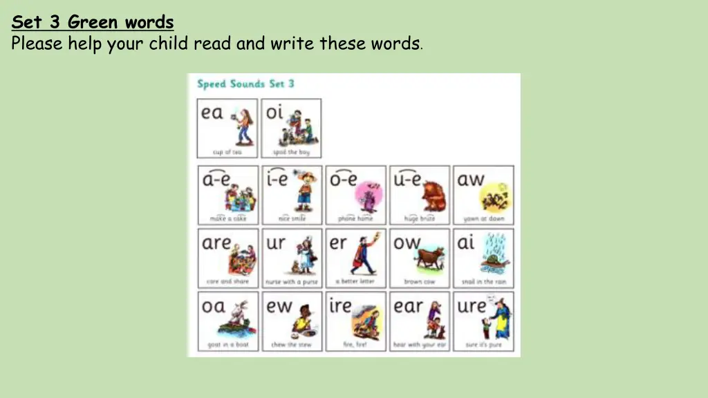 set 3 green words please help your child read