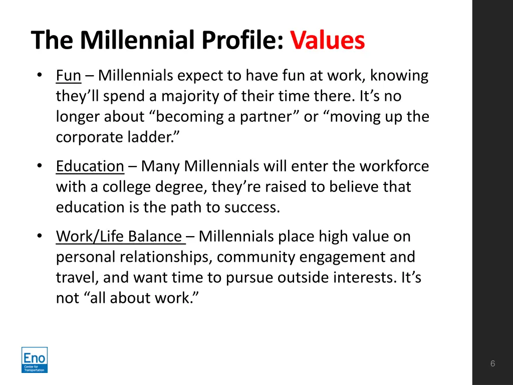 the millennial profile values