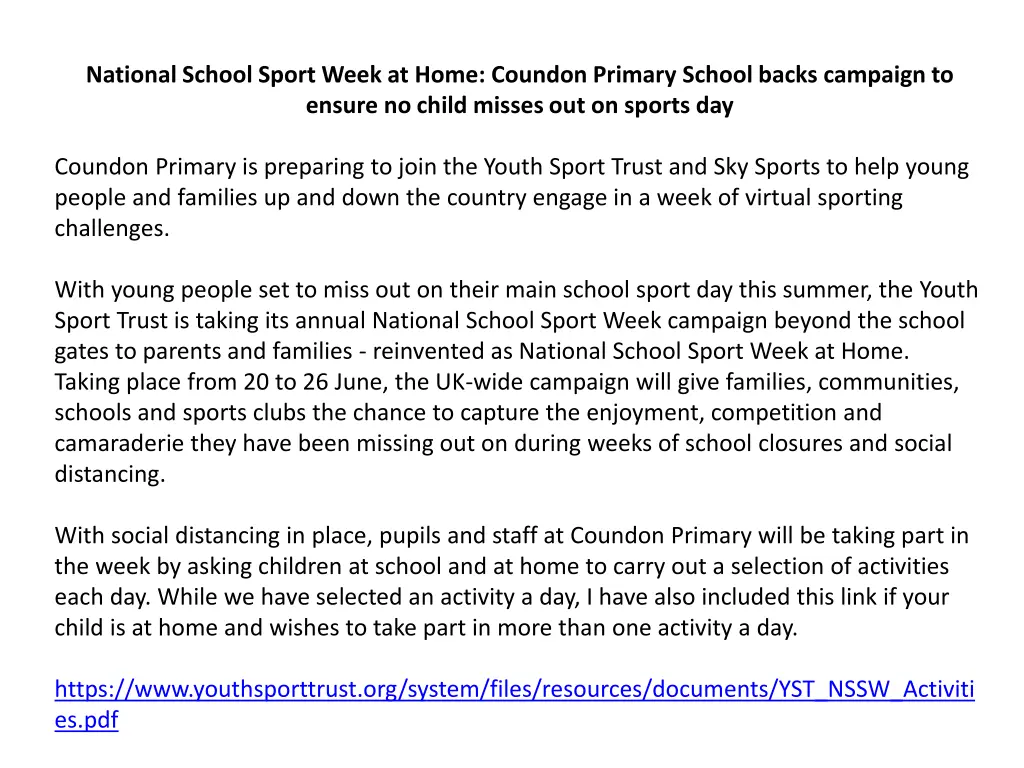 national school sport week at home coundon