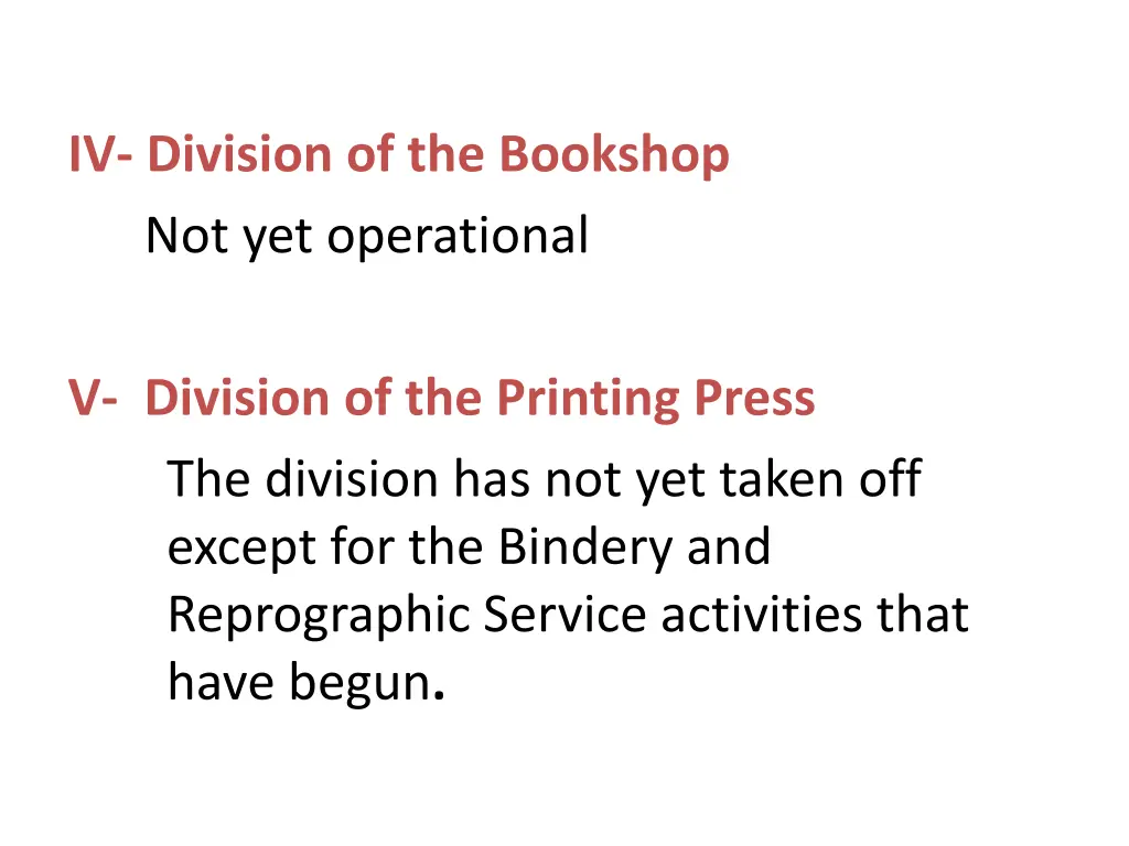 iv division of the bookshop not yet operational