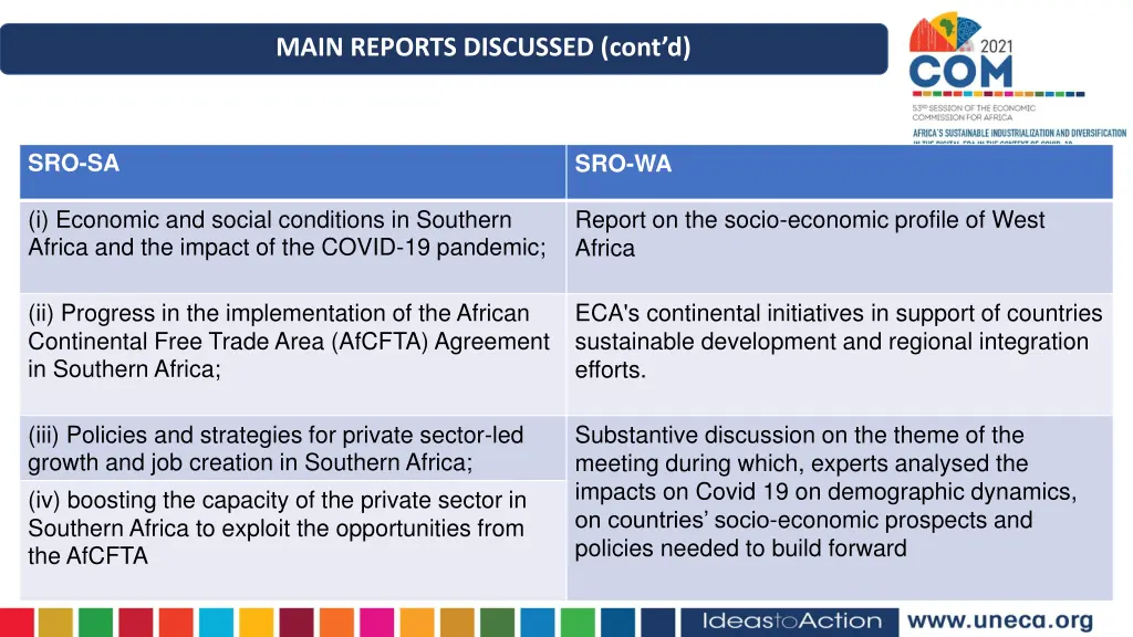 main reports discussed cont d