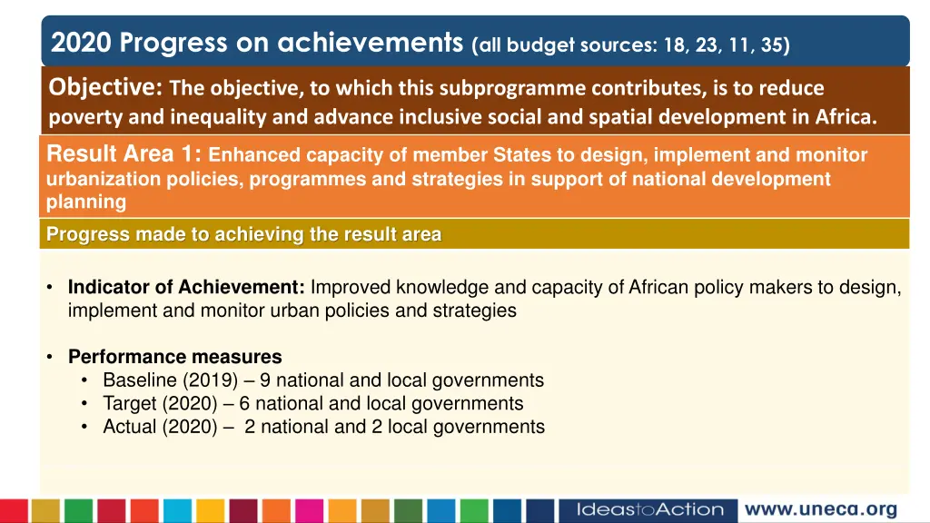 2020 progress on achievements all budget sources