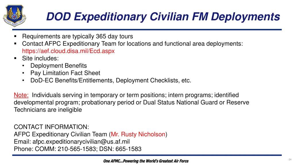 dod expeditionary civilian fm deployments