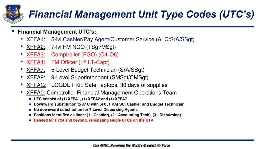 financial management unit type codes utc s