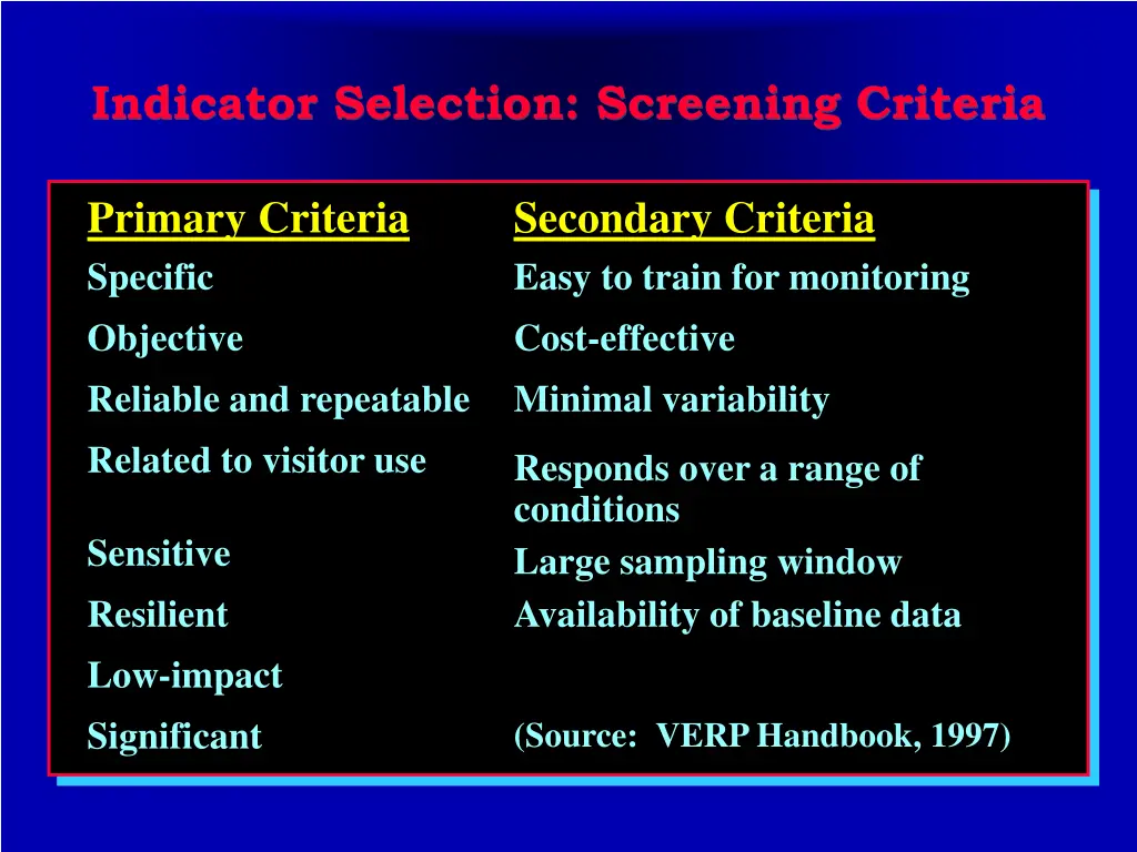 indicator selection screening criteria