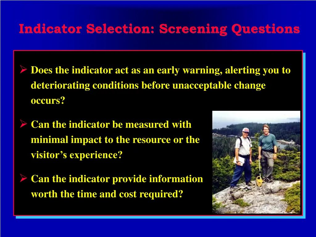 indicator selection screening questions 1