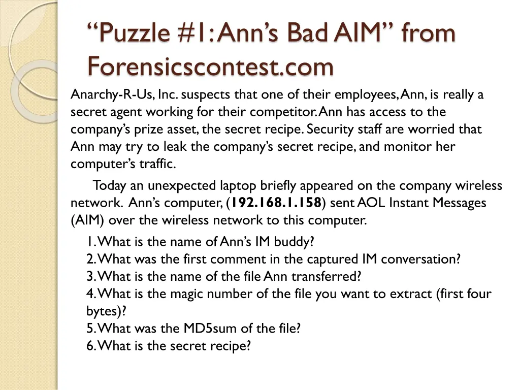 puzzle 1 ann s bad aim from forensicscontest