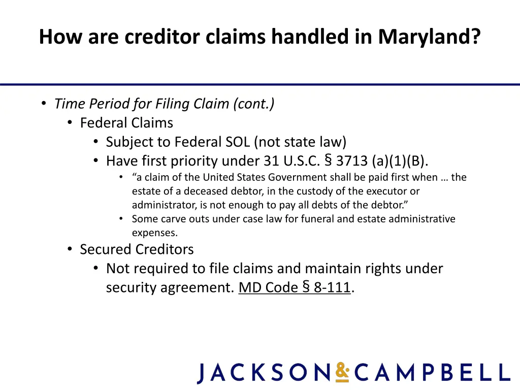 how are creditor claims handled in maryland 1