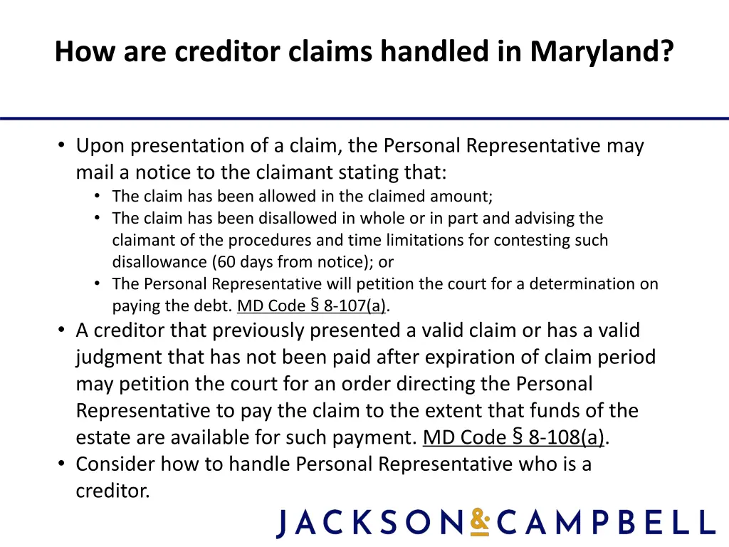 how are creditor claims handled in maryland 4