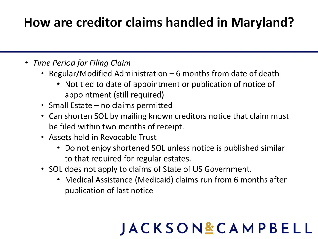 how are creditor claims handled in maryland