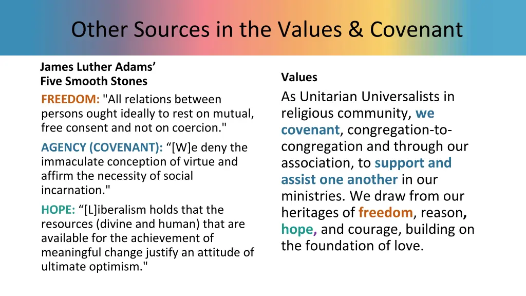 other sources in the values covenant 1