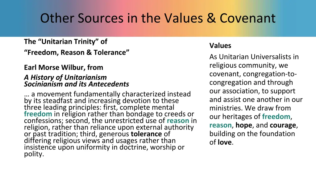 other sources in the values covenant