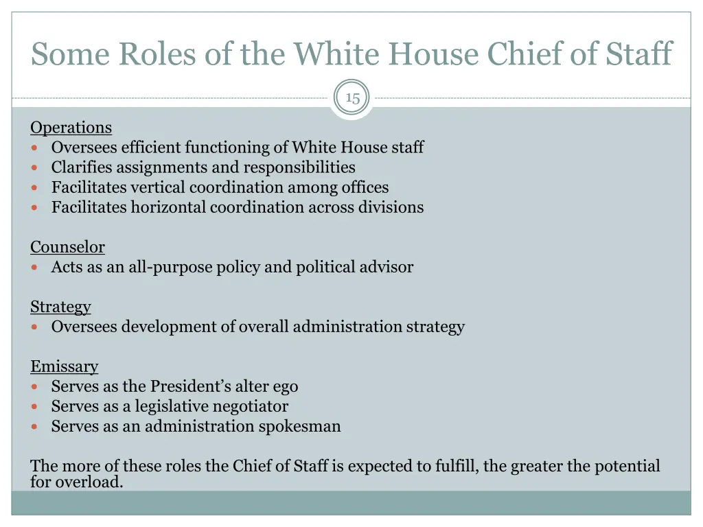 some roles of the white house chief of staff