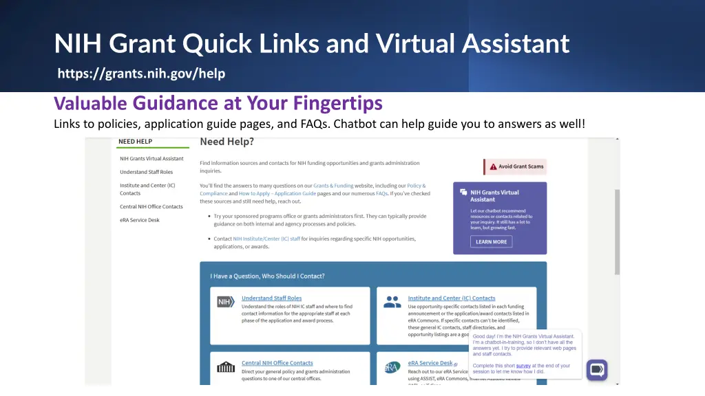 nih grant quick links and virtual assistant