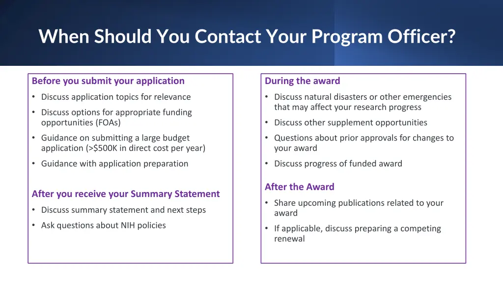 when should you contact your program officer