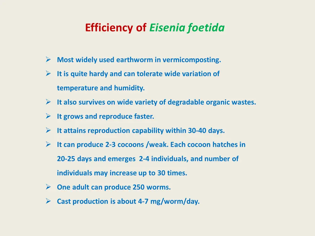efficiency of eisenia foetida