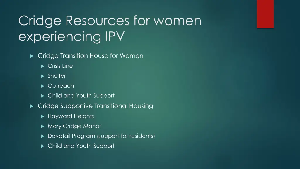 cridge resources for women experiencing ipv