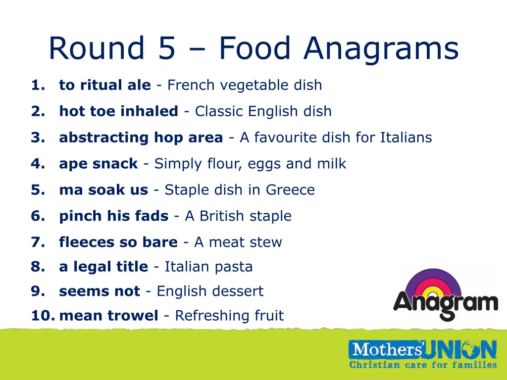 round 5 food anagrams