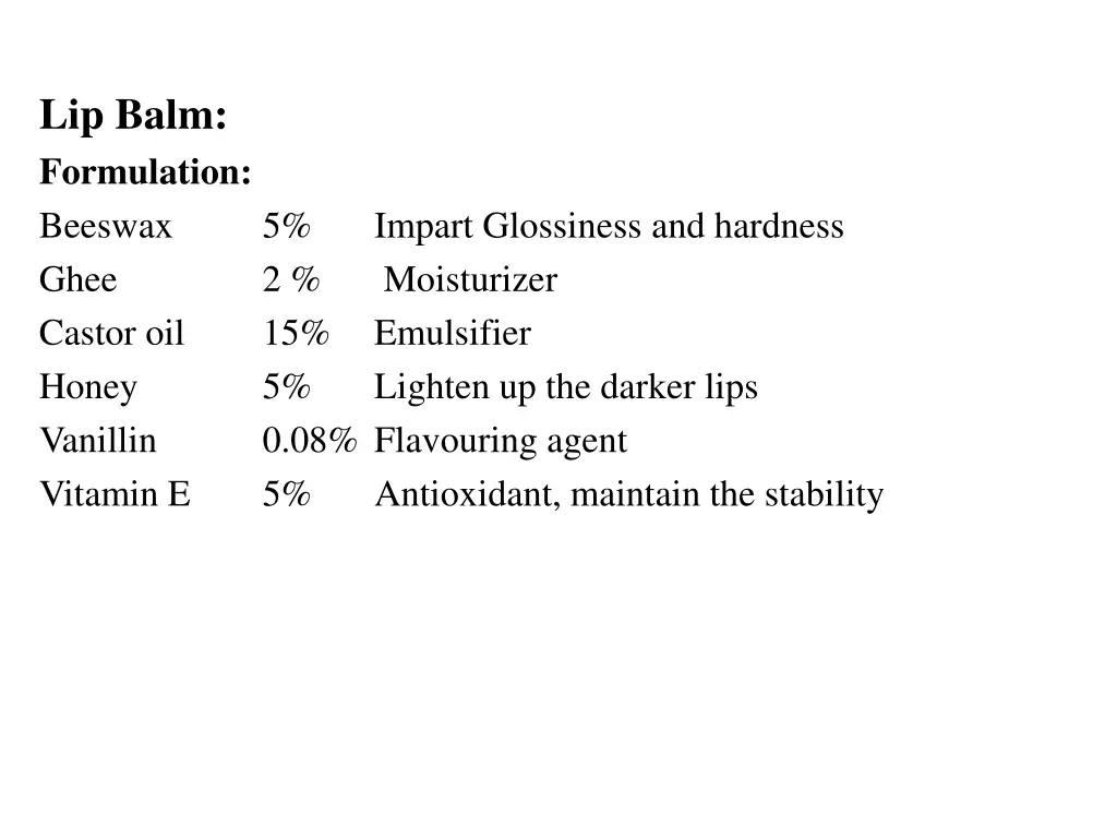 lip balm formulation beeswax ghee castor