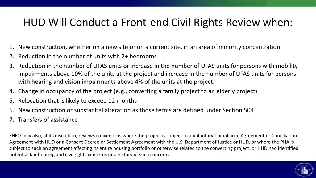 hud will conduct a front end civil rights review