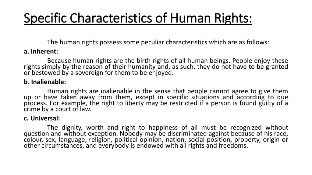 specific characteristics of human rights specific