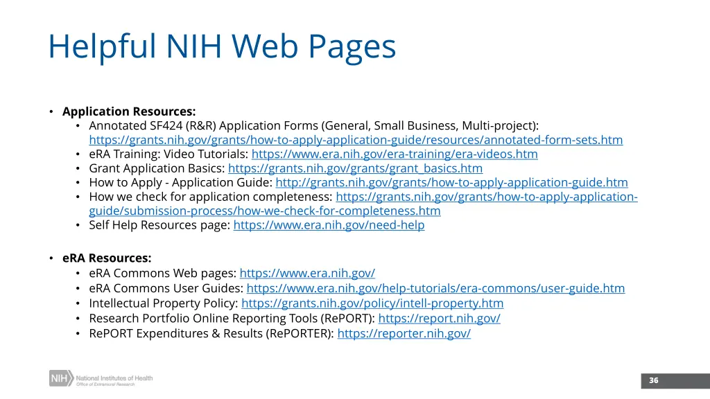 helpful nih web pages