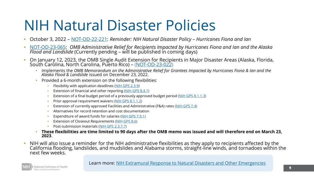 nih natural disaster policies