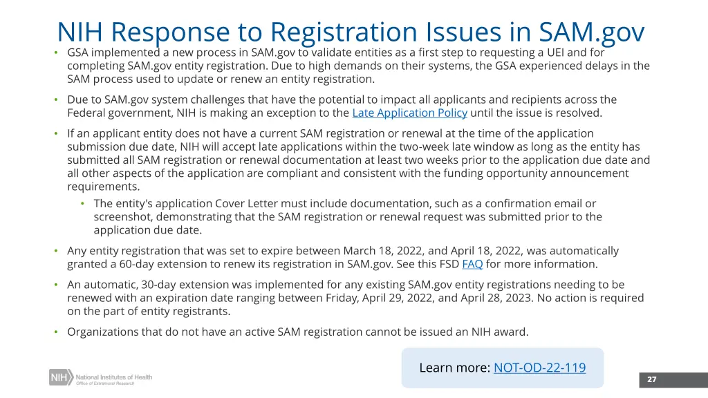 nih response to registration issues in sam gov