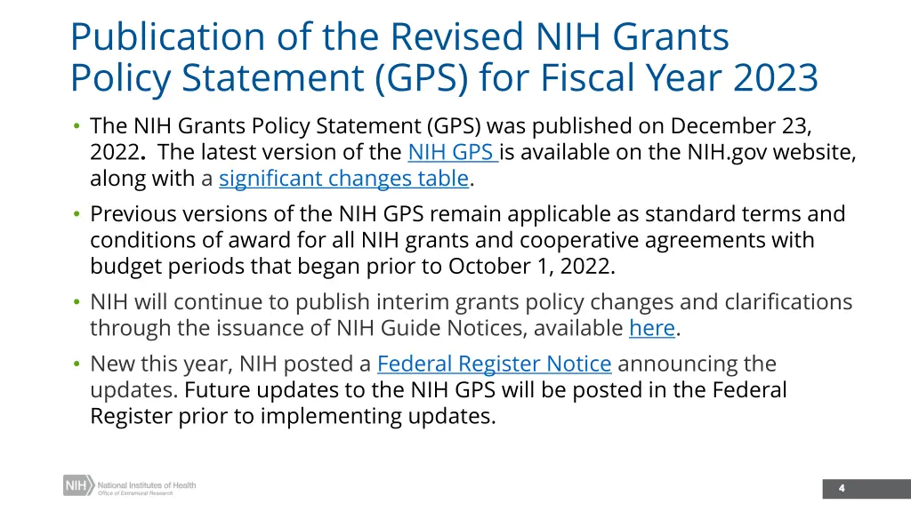 publication of the revised nih grants policy