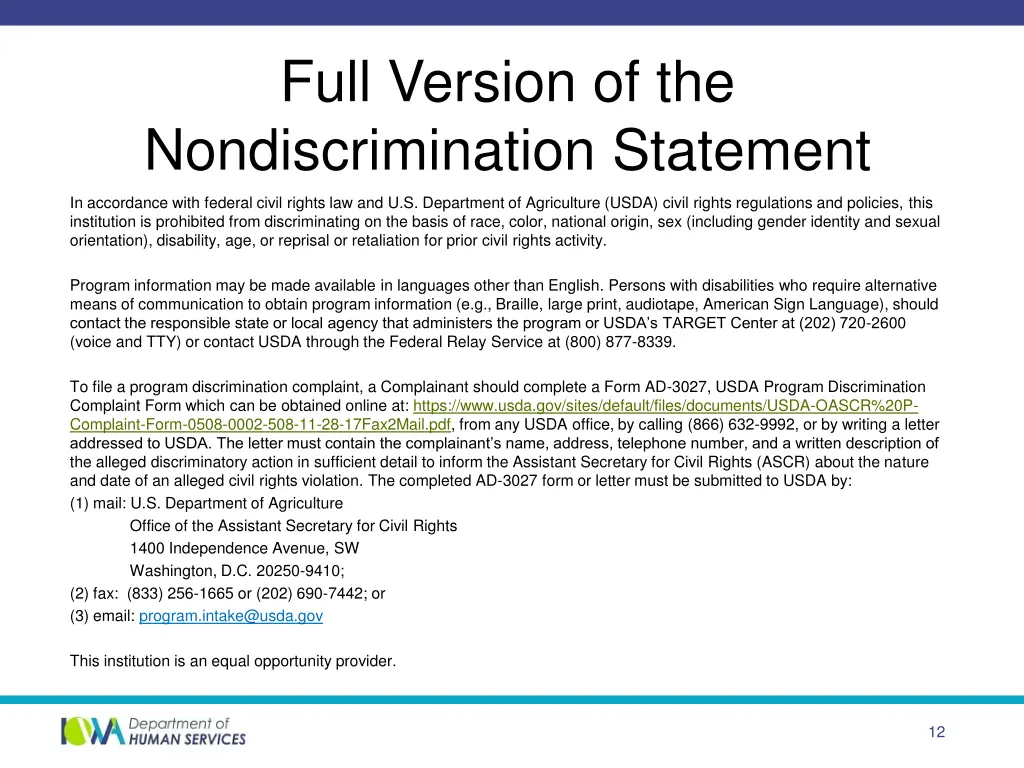 full version of the nondiscrimination statement