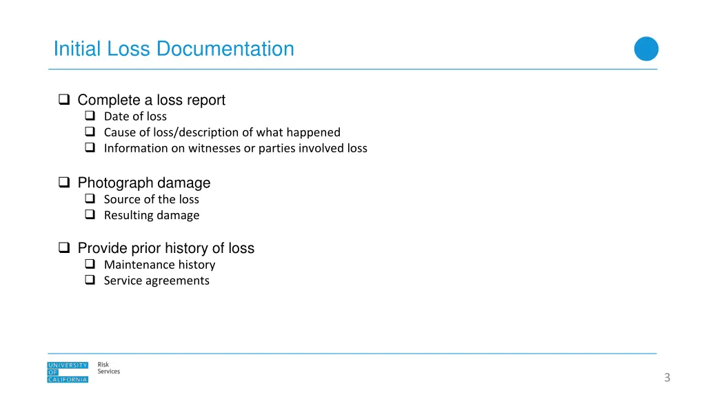 initial loss documentation