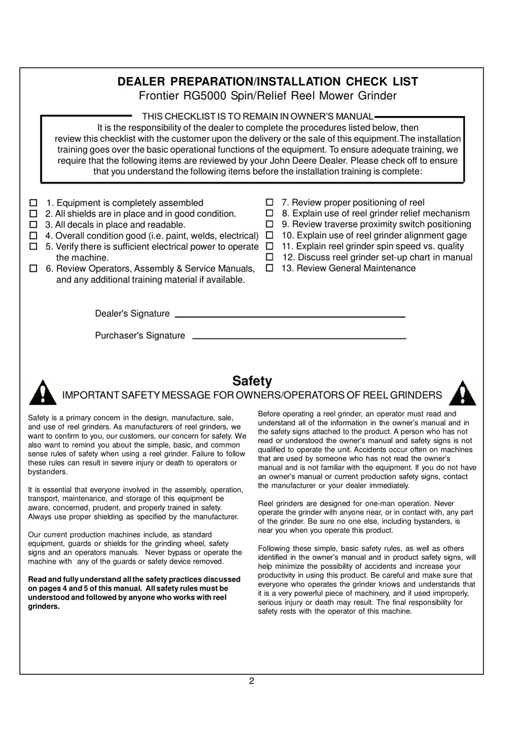 dealer preparation installation check list