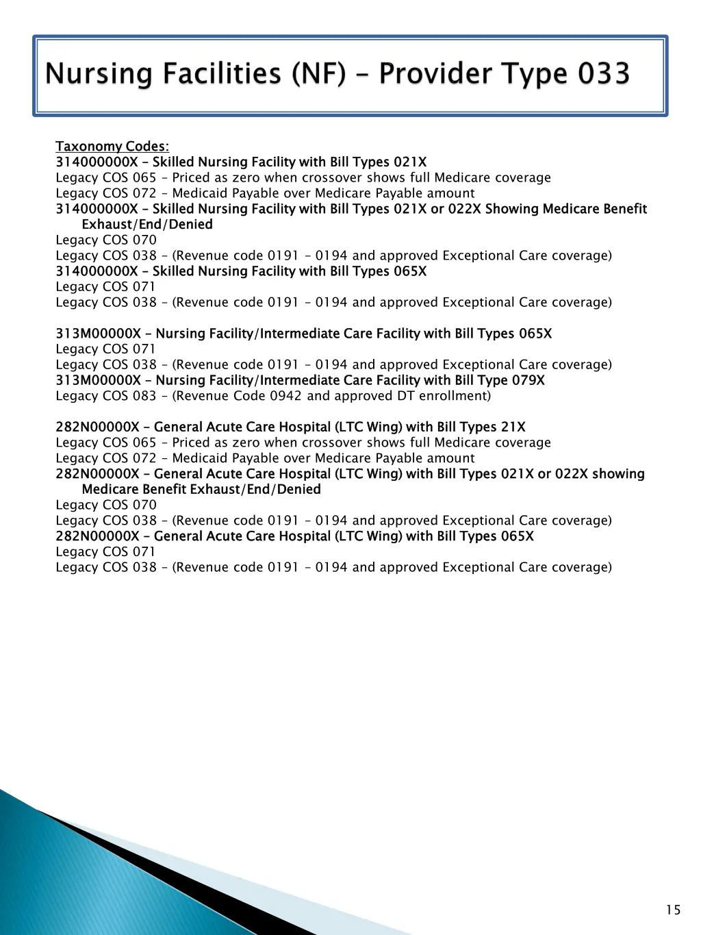 taxonomy codes 314000000x legacy cos 065 priced