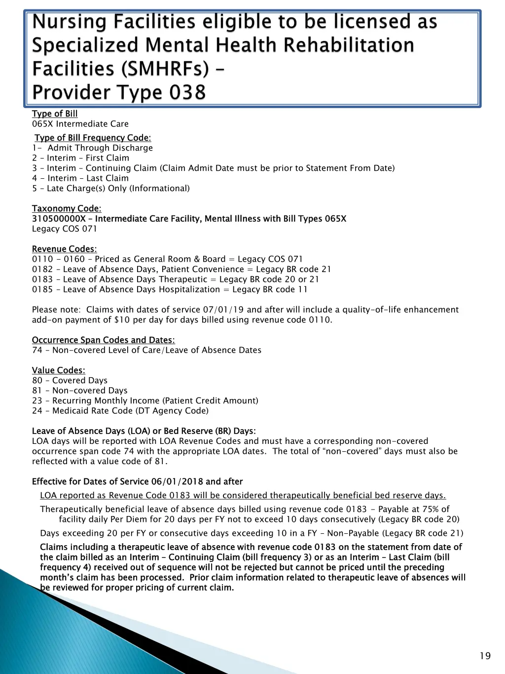 type of bill 065x intermediate care type of bill