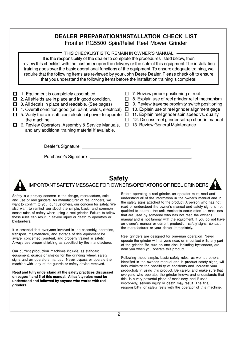 dealer preparation installation check list