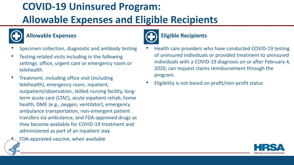 covid 19 uninsured program allowable expenses