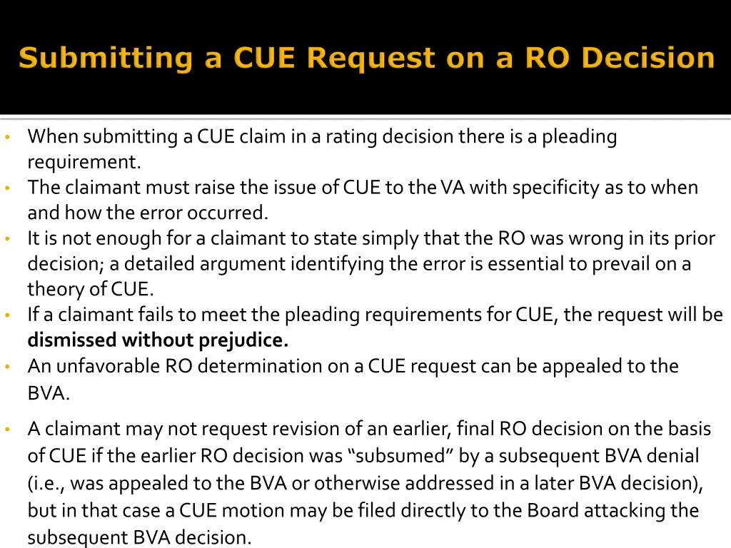 when submitting a cue claim in a rating decision