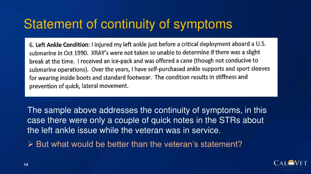 statement of continuity of symptoms