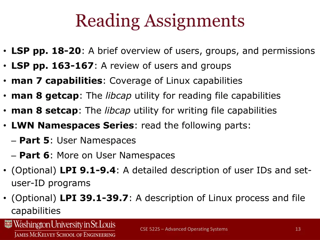 reading assignments