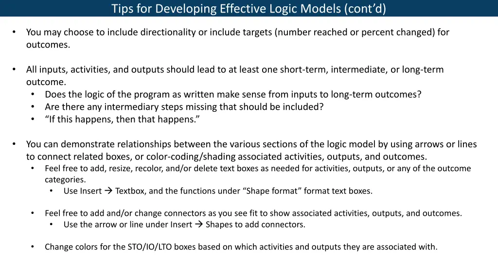 tips for developing effective logic models cont d