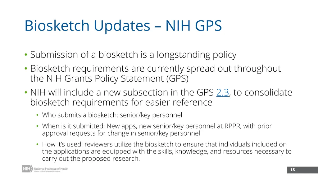 biosketch updates nih gps