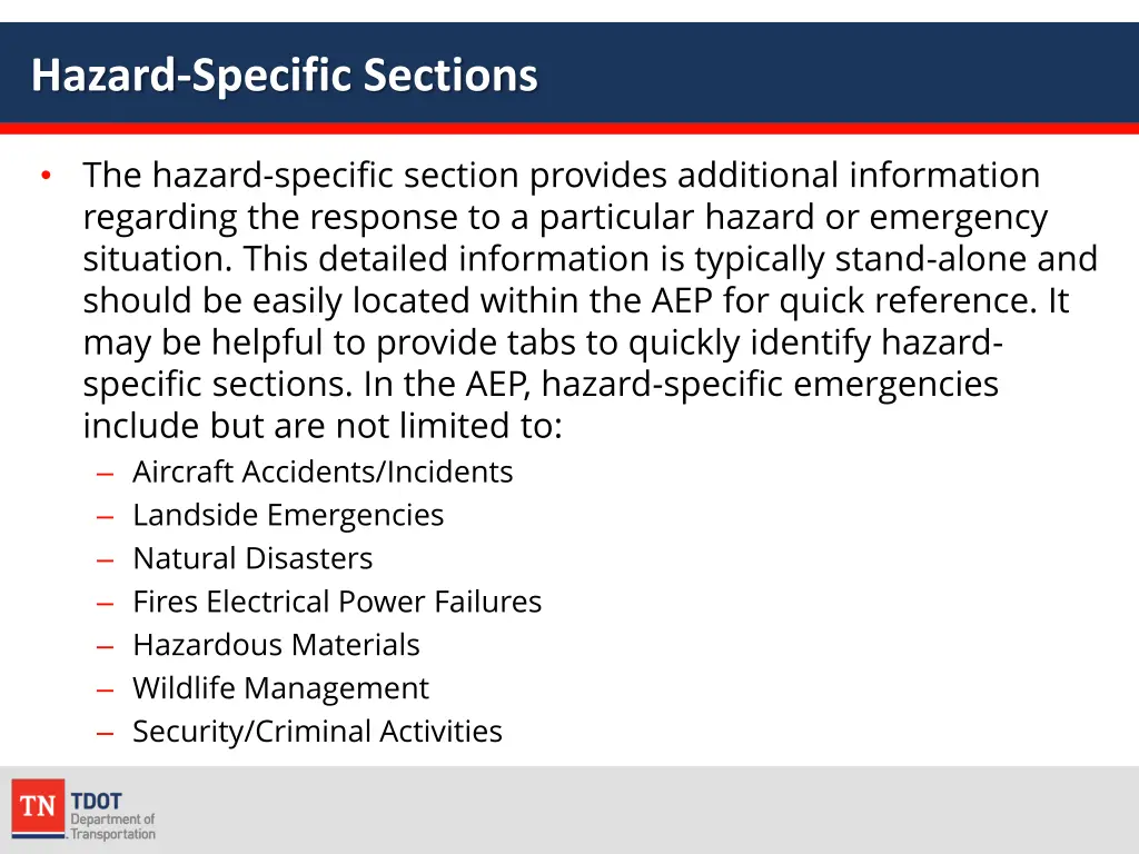 hazard specific sections