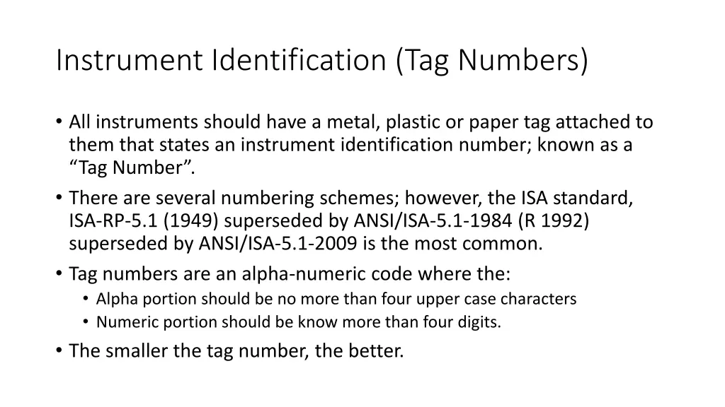 instrument identification tag numbers