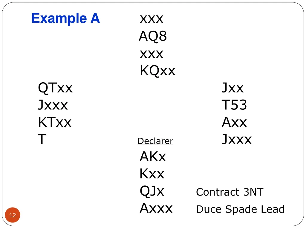 example a aq8 qtxx jxxx ktxx t declarer