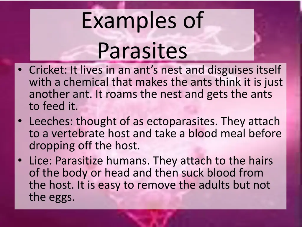 examples of parasites cricket it lives