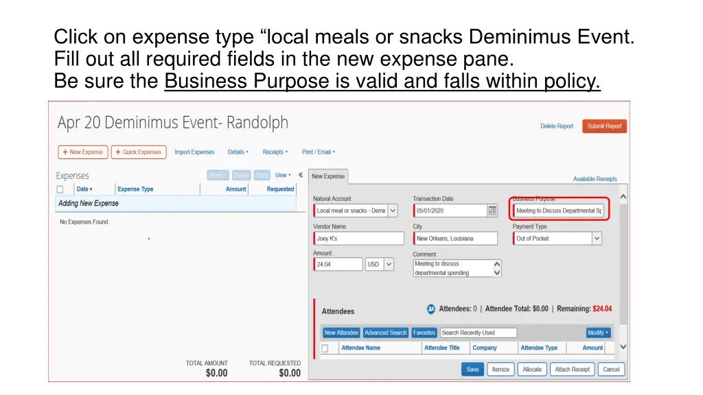 click on expense type local meals or snacks