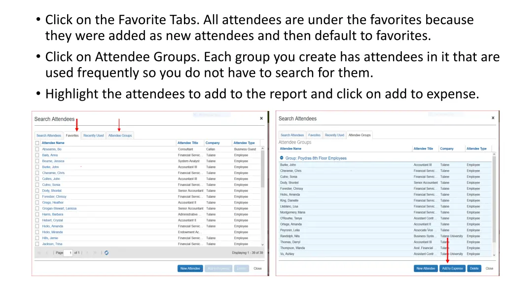 click on the favorite tabs all attendees