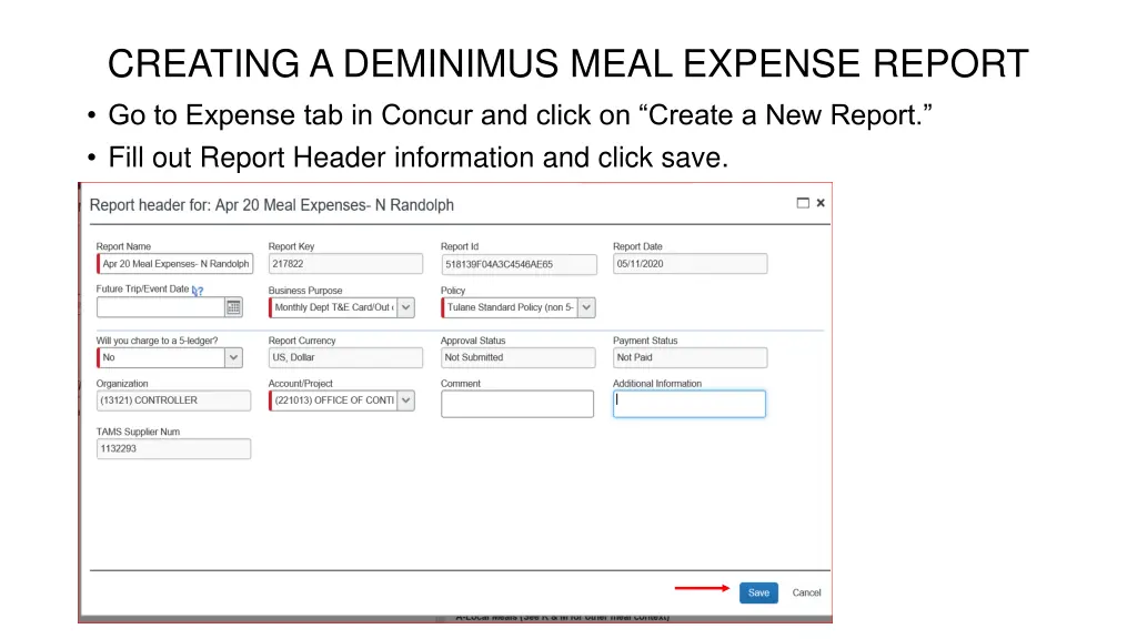 creating a deminimus meal expense report