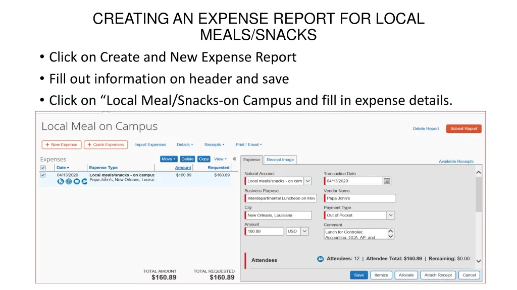 creating an expense report for local meals snacks